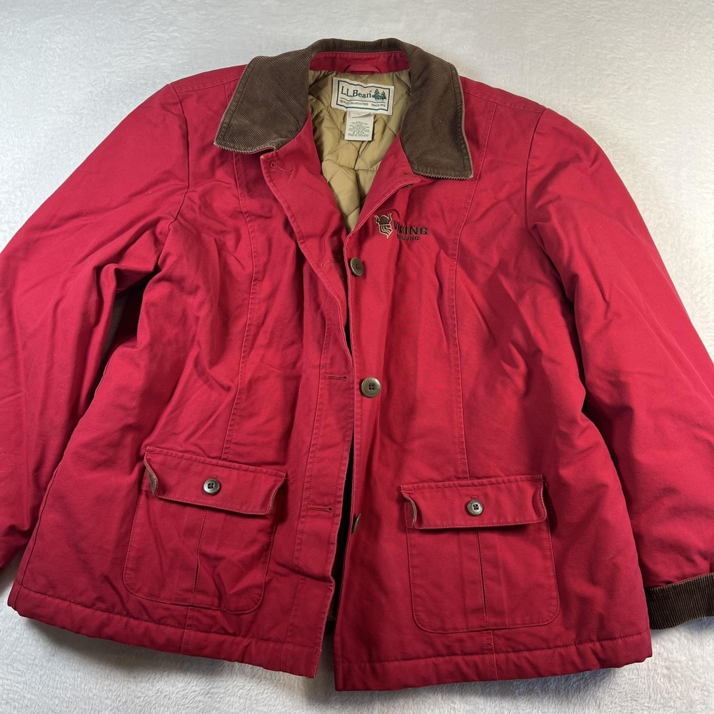 LL Bean Jacket Womens XL Red Quilted Canvas Button Lined Corduroy Collar Cuffs